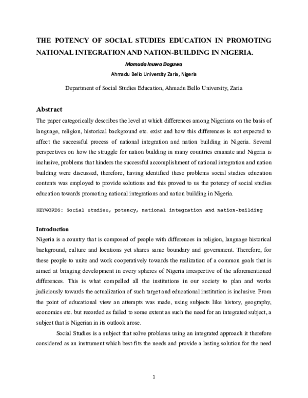 (DOC) POTENCY OF SOCIAL STUDIES EDUCATION IN PROMOTING NATIONAL ...