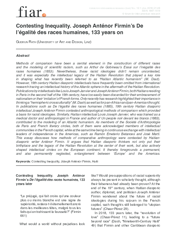 (PDF) Contesting Inequality. Joseph Anténor Firmin's De l'égalité des races humaines, 133 years (PDF) Contesting Inequality. Joseph Anténor Firmin's De l'égalité des races humaines, 133 years