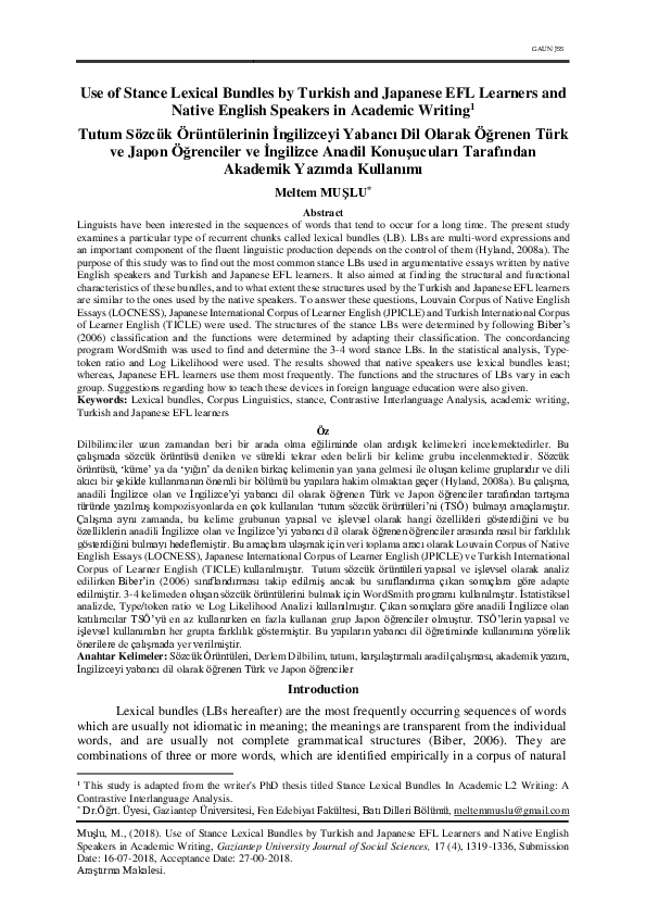(PDF) Use of Stance Lexical Bundles by Turkish and Japanese EFL ...
