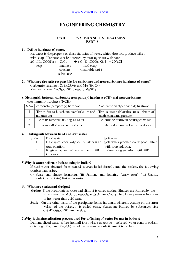 (PDF) ENGINEERING CHEMISTRY UNIT I WATER AND ITS TREATMENT PART A 1