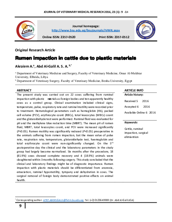 (PDF) Rumen impaction in cattle due to plastic materials