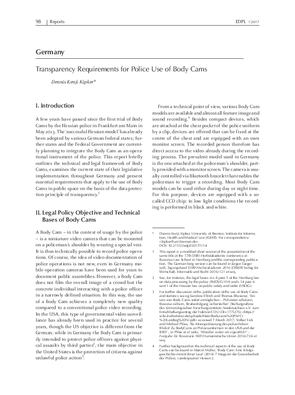 (PDF) Transparency requirements for police use of “Body Cams”