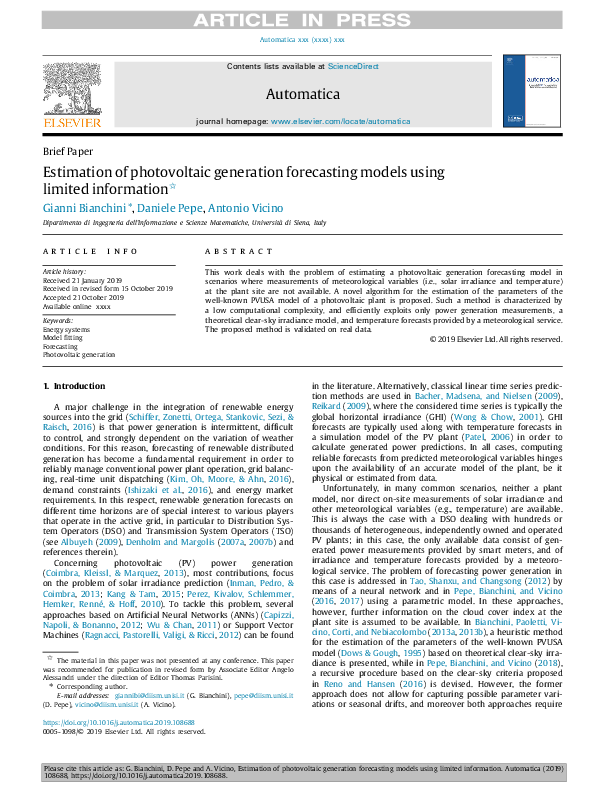 (PDF) Estimation of photovoltaic generation forecasting models using ...