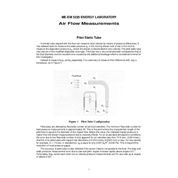 (PDF) MEEM 3220 ENERGY LABORATORY Air Flow Measurements Pitot Static