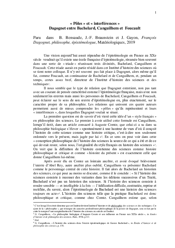 Doc Dagognet Entre Bachelard Canguilhem Et Foucault Jean Francois Braunstein Academia Edu