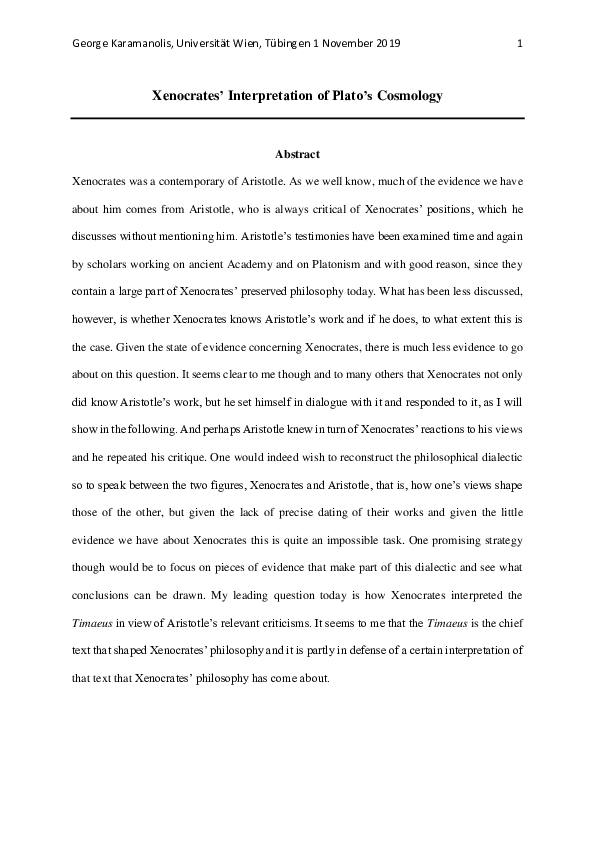 (DOC) Xenocrates' Interpretation of Plato's Cosmology, Conference on