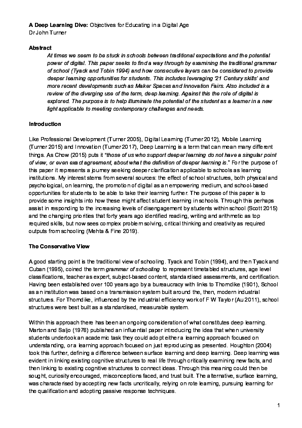 (PDF) A Deep Learning Dive: Objectives for Educating in a Digital Age