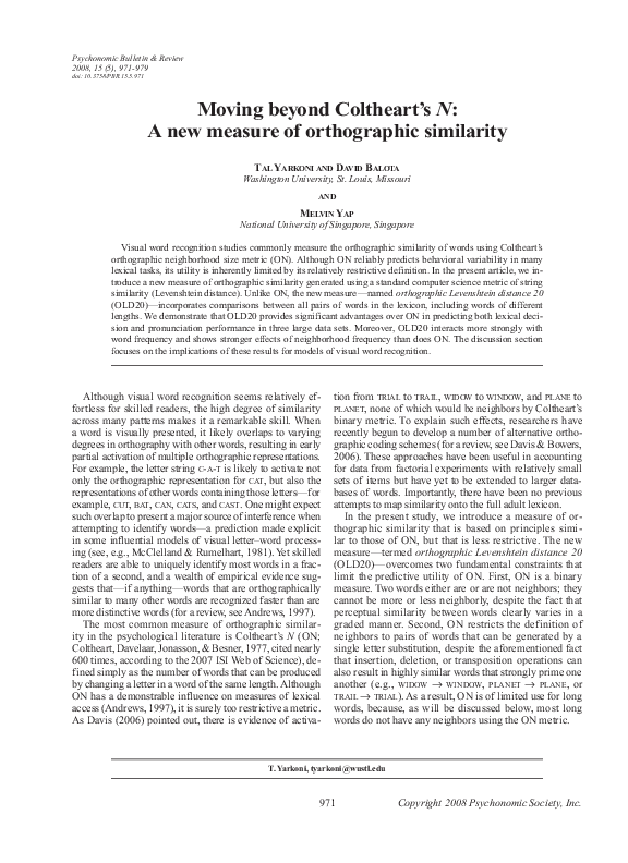 (PDF) Moving beyond Coltheart's N: A new measure of orthographic similarity