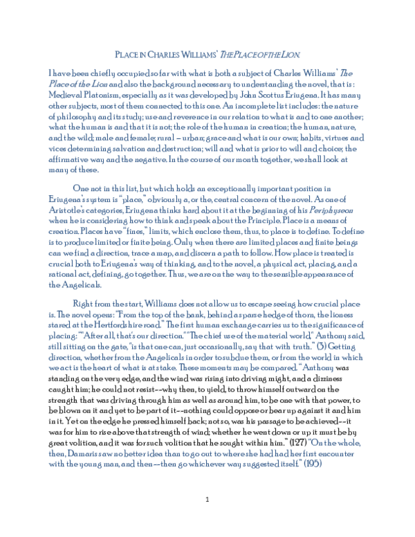 (PDF) Place in Charles Williams The Place of the Lion