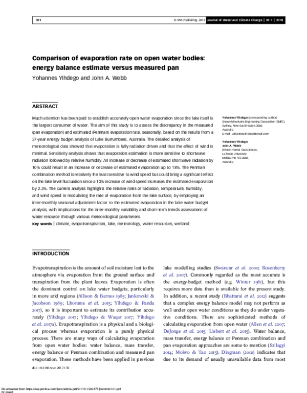 (PDF) Comparison of evaporation rate on open water bodies: energy ...