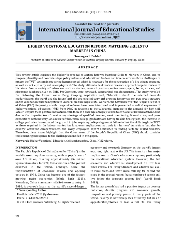 (PDF) HIGHER VOCATIONAL EDUCATION REFORM: MATCHING SKILLS TO MARKETS IN ...