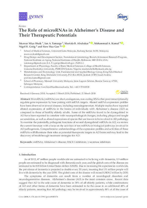 (PDF) The Role of microRNAs in Alzheimer's Disease and Their ...
