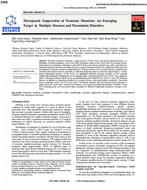 (PDF) Therapeutic suppression nonsense mutation