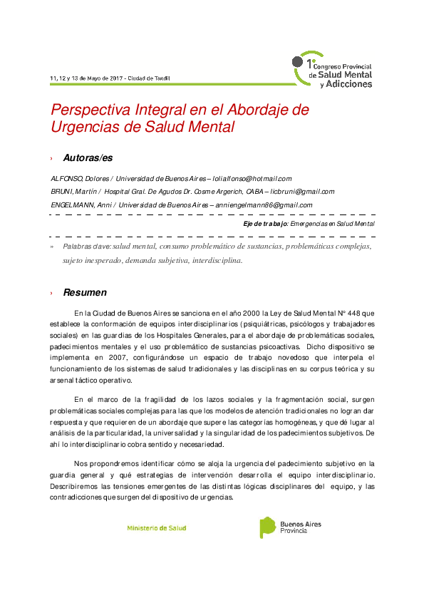 (PDF) Perspectiva Integral en el Abordaje de Urgencias de Salud Mental