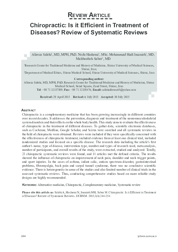 (PDF) Chiropractic: Is it Efficient in Treatment of Diseases? Review of ...