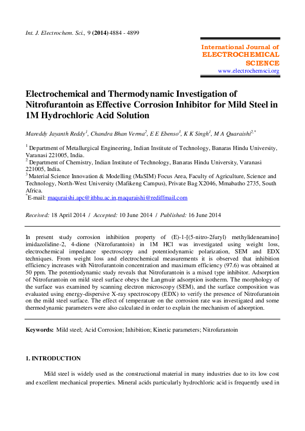 (PDF) ELECTROCHEMICAL SCIENCE Electrochemical and Thermodynamic