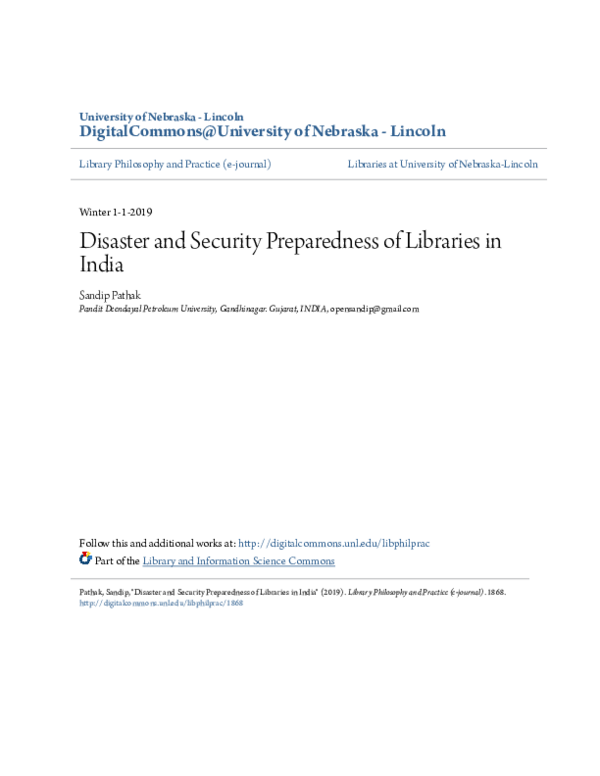 (PDF) Disaster and Security Preparedness of Libraries in India