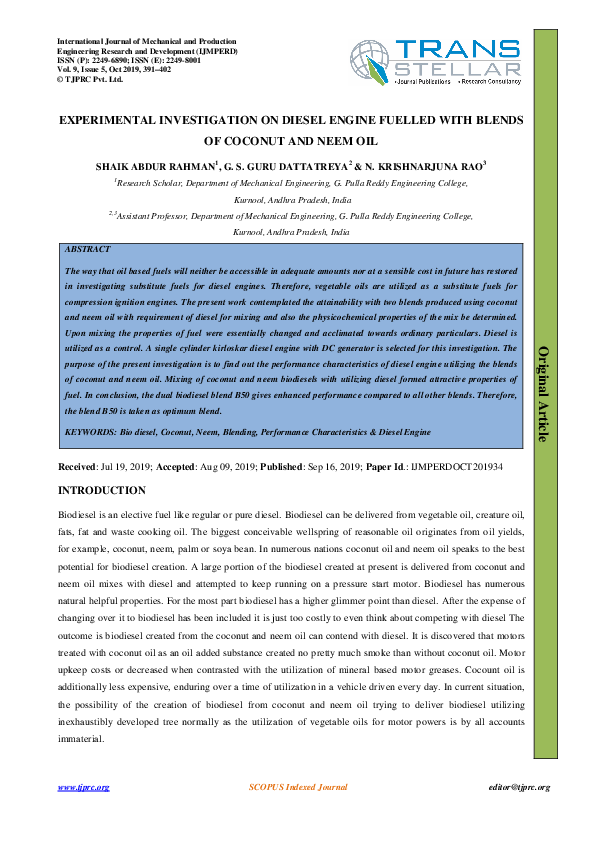 (PDF) EXPERIMENTAL INVESTIGATION ON DIESEL ENGINE FUELLED WITH BLENDS ...