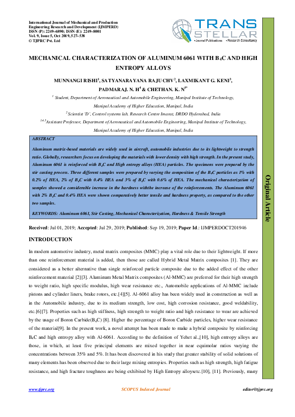 (PDF) MECHANICAL CHARACTERIZATION OF ALUMINUM 6061 WITH B 4 C AND HIGH ...