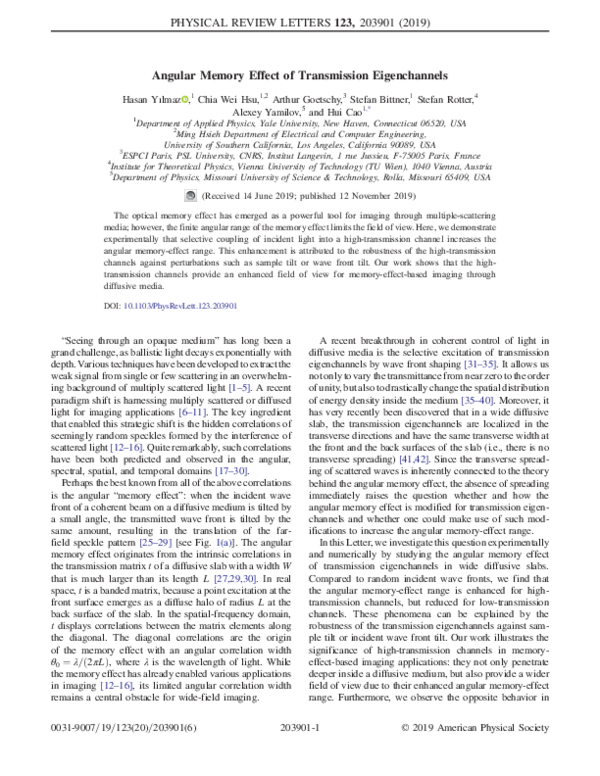 (PDF) Angular Memory Effect of Transmission Eigenchannels