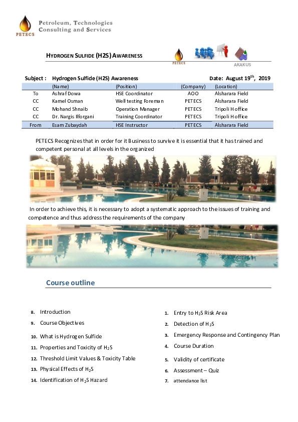 (PDF) HYDROGEN SULFIDE (H2S) AWARENESS Course outline Subject