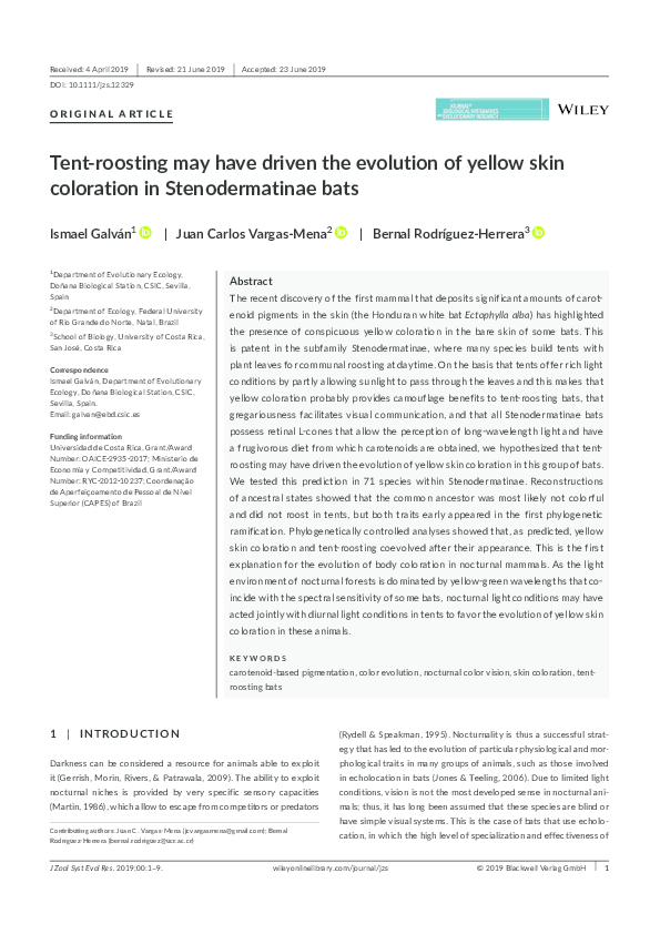 (PDF) Tent roosting may have driven the evolution of yellow skin in ...