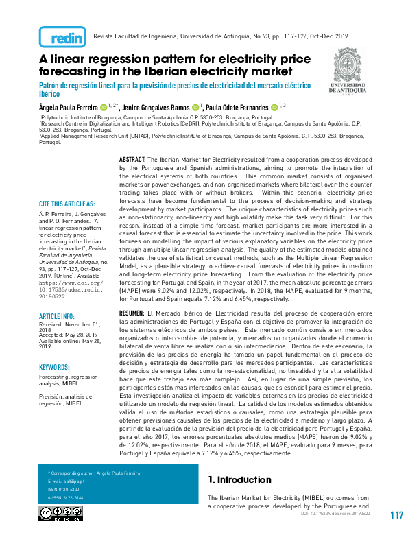 (PDF) A linear regression pattern for electricity price forecasting in ...
