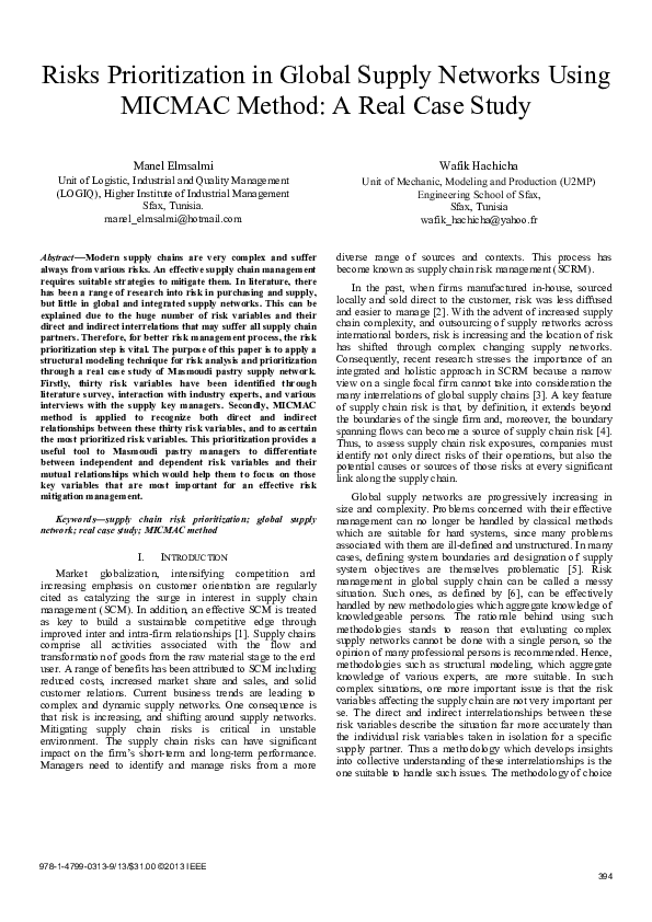 (PDF) Risks Prioritization in Global Supply Networks Using MICMAC ...