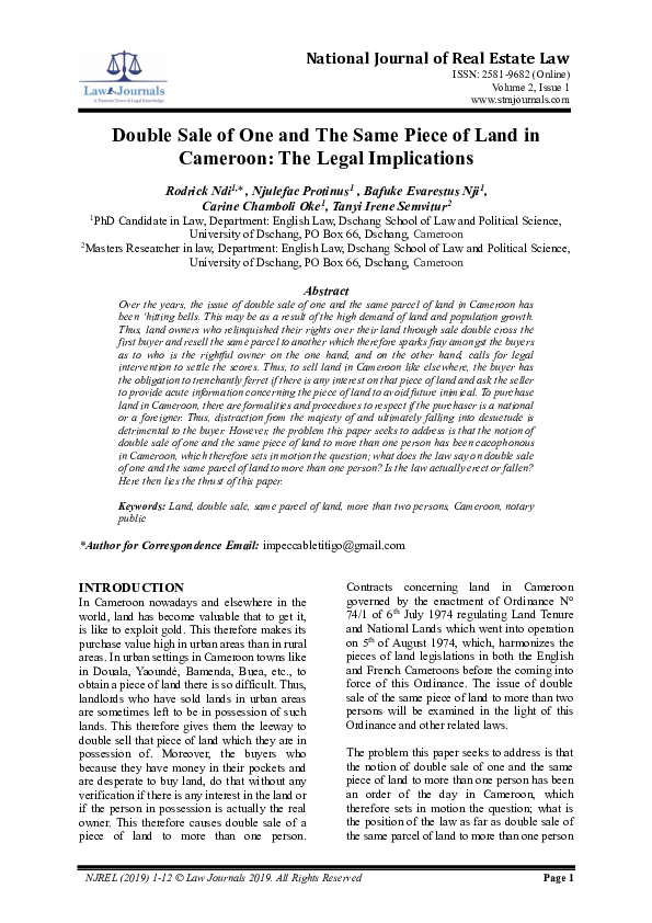 (PDF) National Journal of Real Estate Law Double Sale of One and The ...