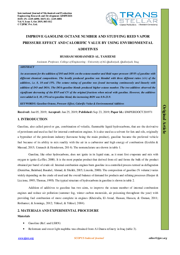 (PDF) IMPROVE GASOLINE OCTANE NUMBER AND STUDYING REID VAPOR PRESSURE EFFECT AND CALORIFIC VALUE