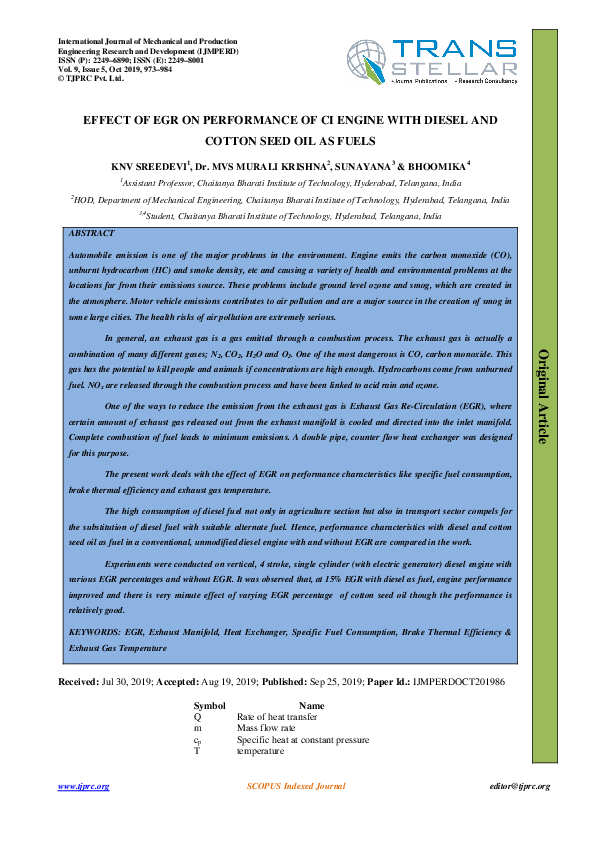 (PDF) EFFECT OF EGR ON PERFORMANCE OF CI ENGINE WITH DIESEL AND COTTON ...