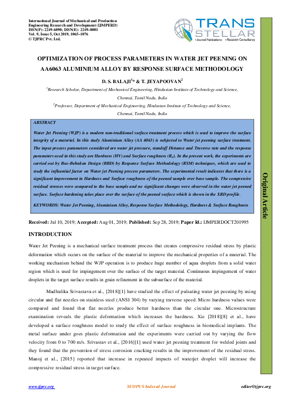 (PDF) OPTIMIZATION OF PROCESS PARAMETERS IN WATER JET PEENING ON AA6063 ...