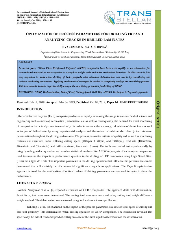 (PDF) OPTIMIZATION OF PROCESS PARAMETERS FOR DRILLING FRP AND ANALYZING ...