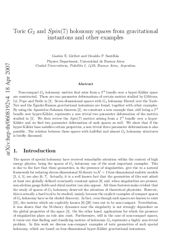 (PDF) Toric G 2 and Spin(7) Holonomy Spaces from Gravitational ...