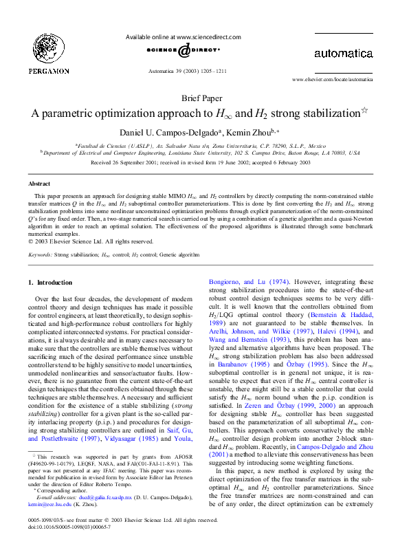 (PDF) A parametric optimization approach to H∞ and H2 strong stabilization