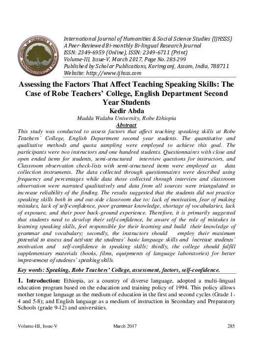 (PDF) Assessing the Factors That Affect Teaching Speaking Skills The