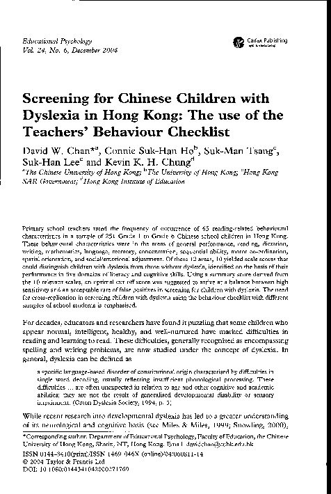 (PDF) Screening for Chinese Children with Dyslexia in Hong Kong: The ...