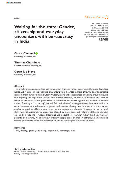 (PDF) Waiting for the state: Gender, citizenship and everyday ...