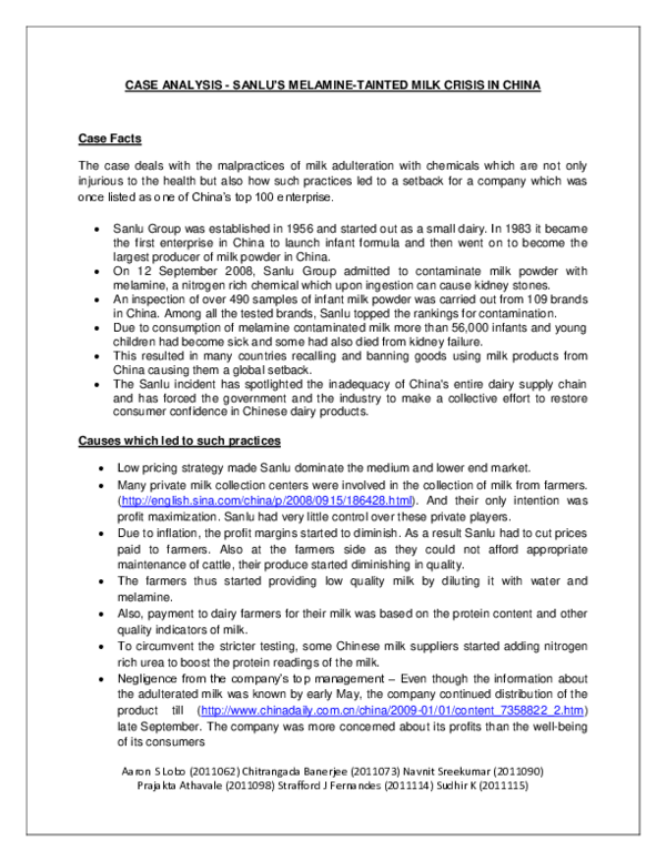 (DOC) CASE ANALYSIS -SANLU'S MELAMINE-TAINTED MILK CRISIS IN CHINA Case ...