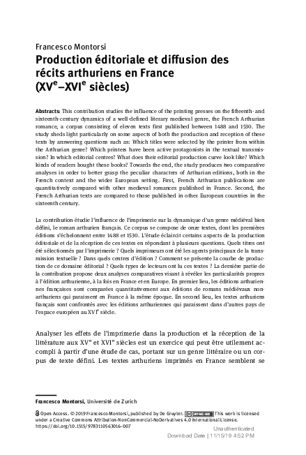 Production editoriale et diffusion des recits arthuriens en France XVe XVIe siecles