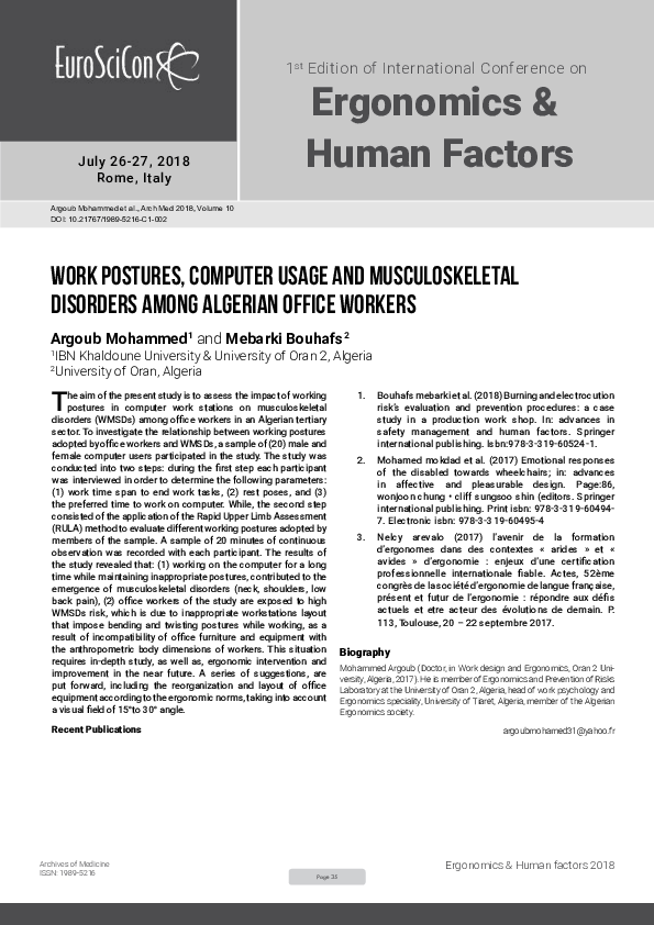 (PDF) Work postures, computer usage and musculoskeletal disorders among ...