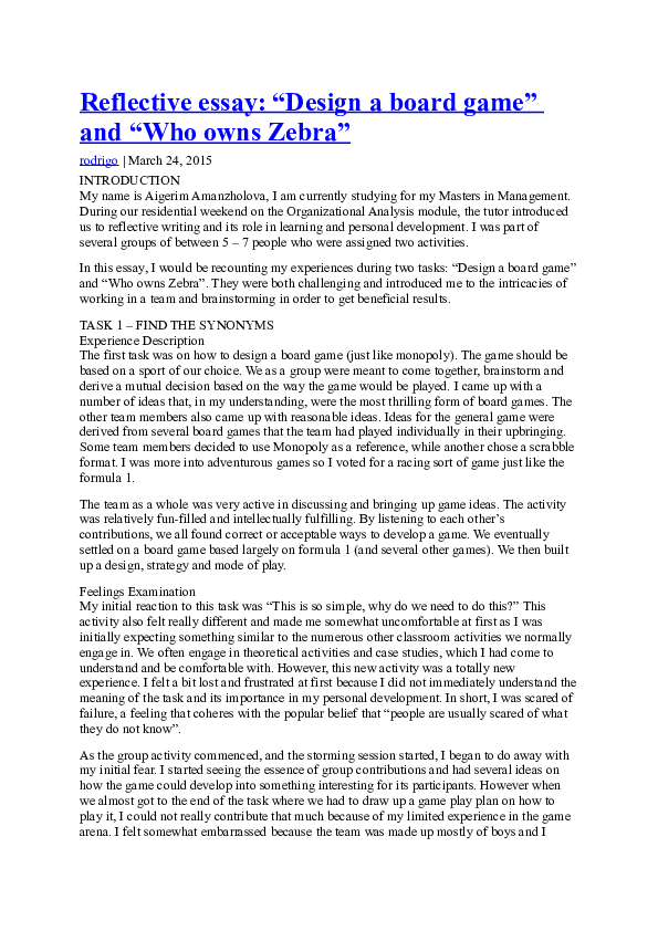 Reflective essay: "Design a board game" and "Who owns Zebra" | Aamir