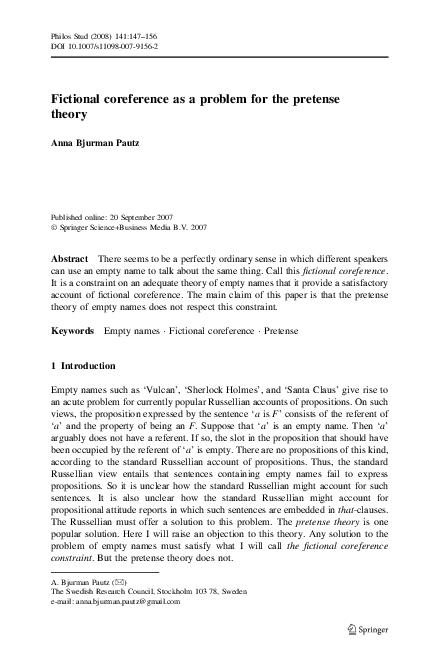 (PDF) Fictional coreference as a problem for the pretense theory