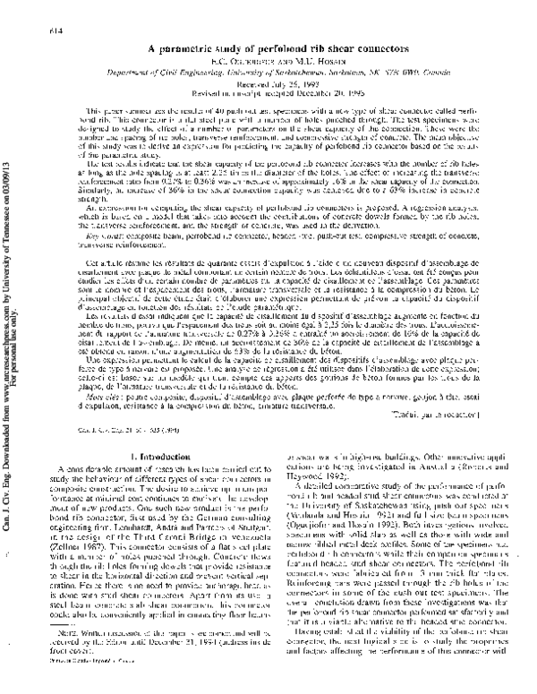 (PDF) A parametric study of perfobond rib shear connectors