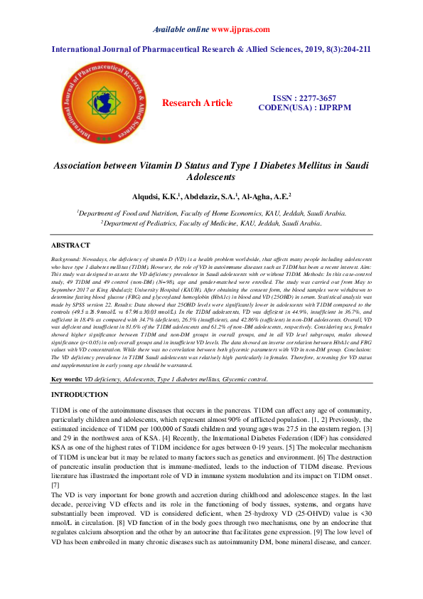 (PDF) Association between Vitamin D Status and Type 1 Diabetes Mellitus ...