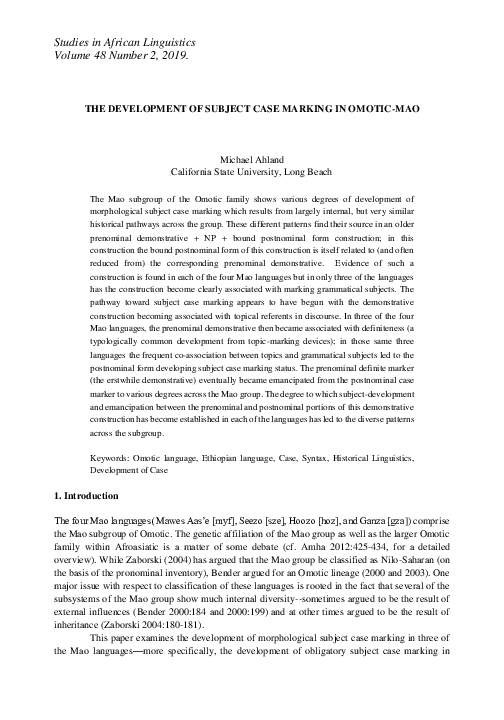 (PDF) The development of subject case marking in OmoticMao Michael