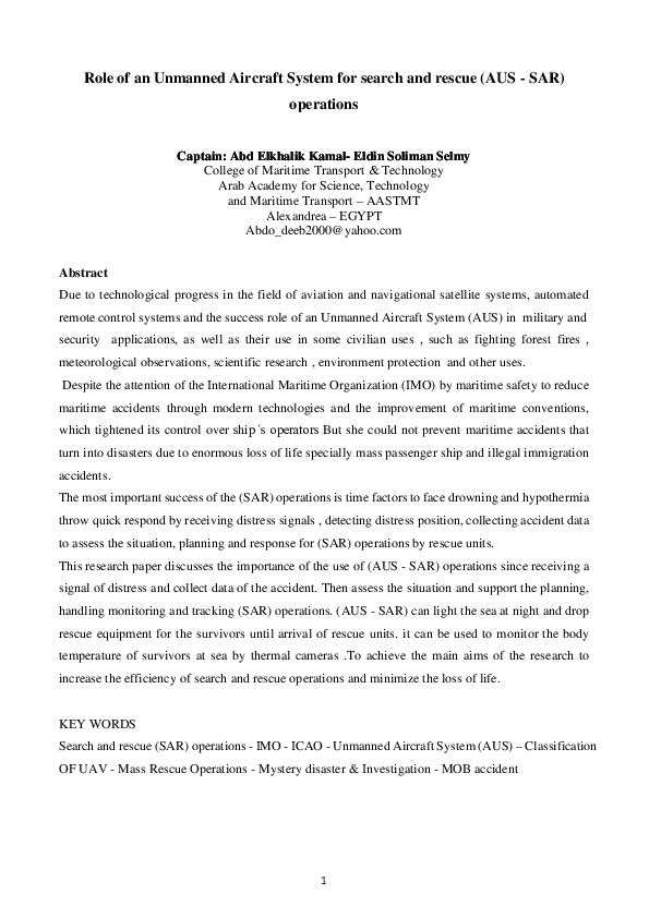 (PDF) Role of an Unmanned Aircraft System for search and rescue (AUS ...