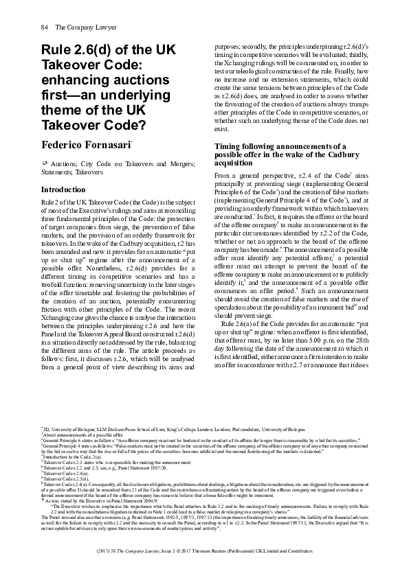 (PDF) Fornasari Rule 2.6(d) of the UK Takeover Code. Enhancing auctions ...