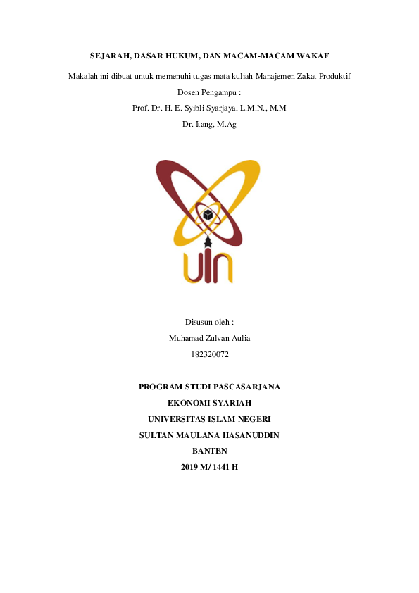 Pdf Sejarah Dasar Hukum Dan Macam Macam Wakaf Muhamad Zulvan Aulia Academia Edu