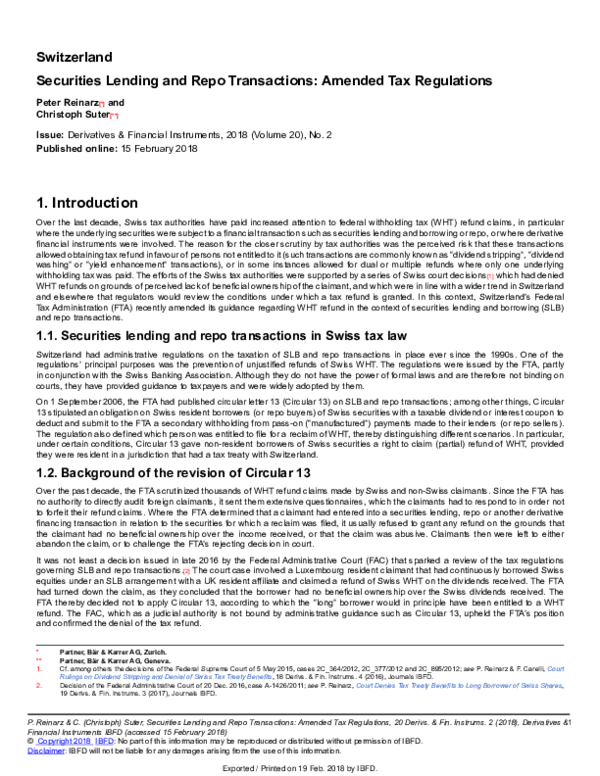 (PDF) Switzerland Securities Lending and Repo Transactions: Amended Tax ...